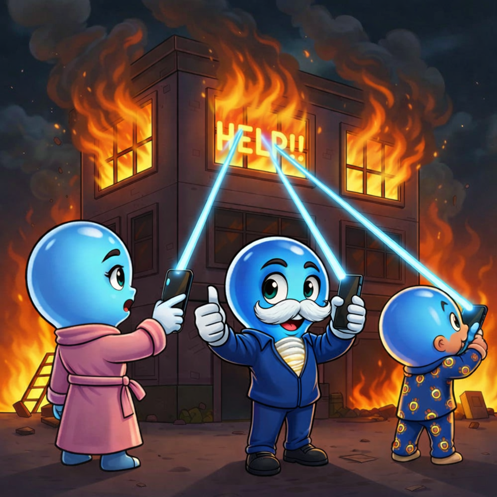 Bluey family triangulating burning building location using Blue Light app — personal safety and emergency response by Blue Aura Safety LLC