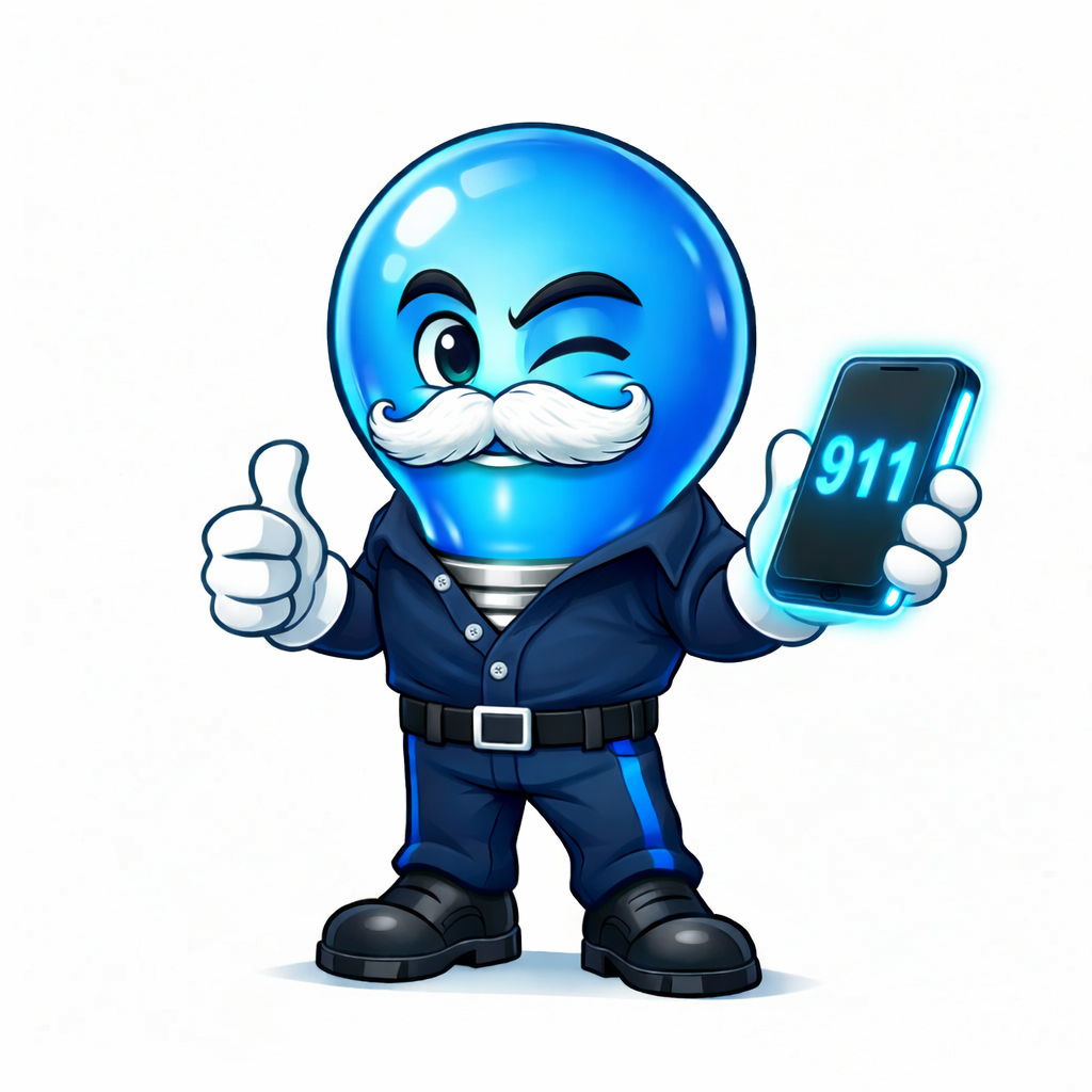 Uncle Bluey — mascot of Blue Aura Safety LLC, a blue lightbulb character with white handlebar mustache, thumbs up, navy uniform, holding phone showing 911